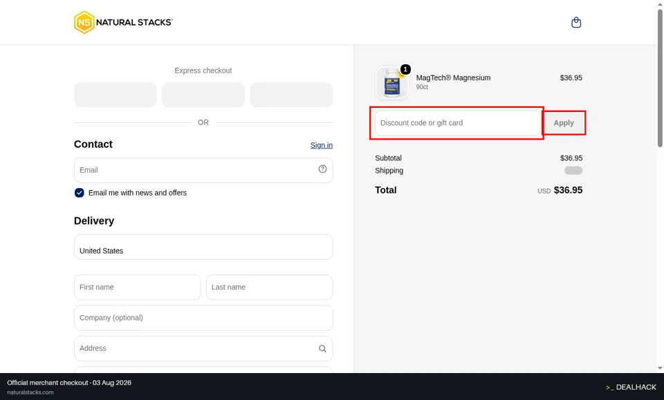 Natural Stacks checkout page showing the Discount code or gift card field and Apply button