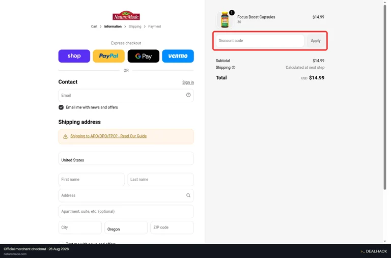 Nature Made checkout page showing the Discount code field and Apply button
