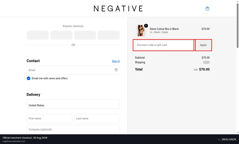Negative Underwear checkout page showing the Discount code or gift card field and Apply button