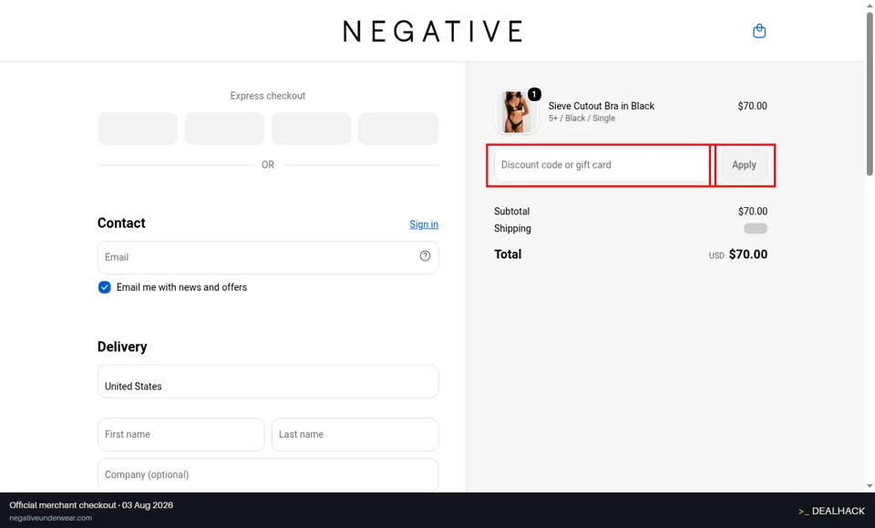 Negative Underwear checkout page showing the Discount code or gift card field and Apply button