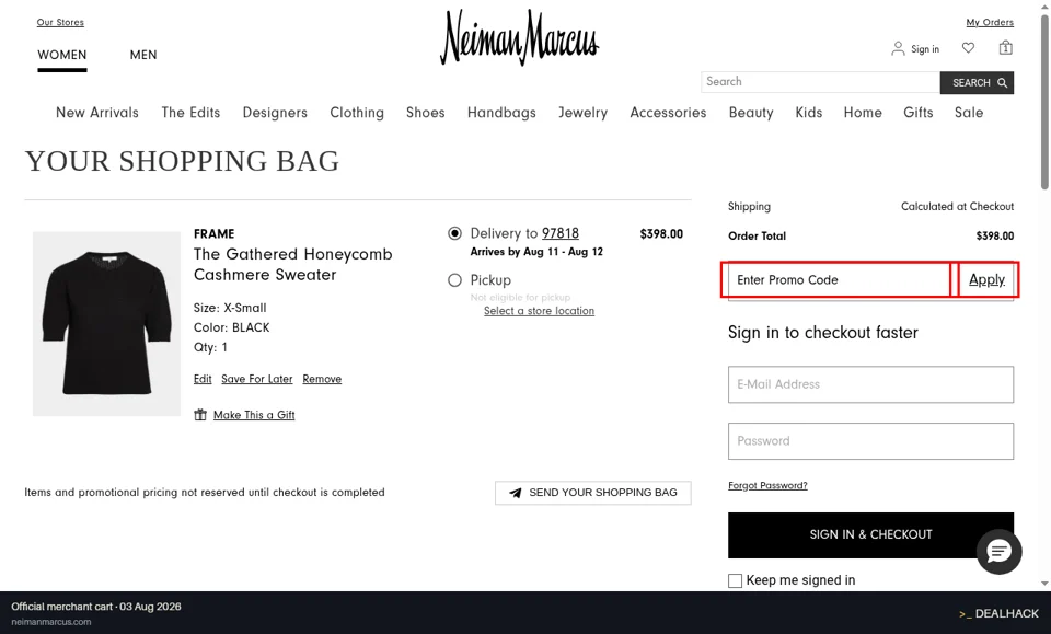 Neiman Marcus checkout page showing the Enter Promo Code field and Apply button
