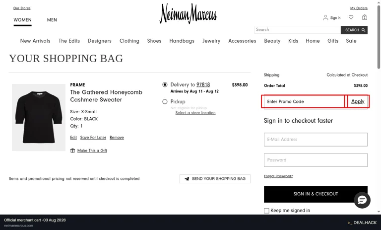 Neiman Marcus checkout page showing the Enter Promo Code field and Apply button