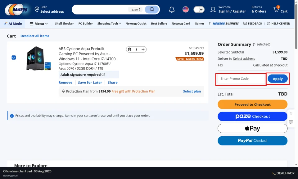 Newegg checkout page showing the Enter Promo Code field and Apply button