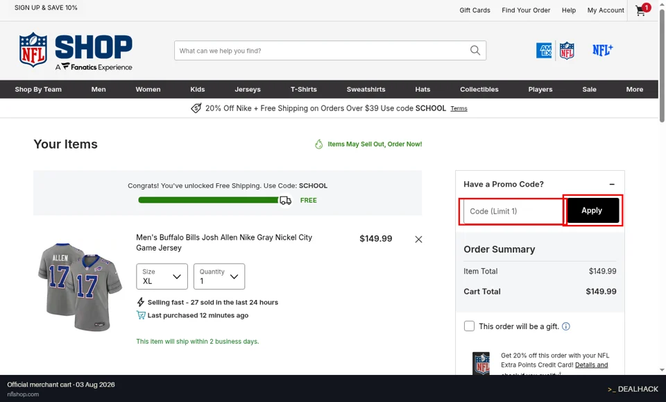 NFL Shop checkout page showing the Code (Limit 1) field and Apply button