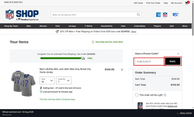 NFL Shop checkout page showing the Code (Limit 1) field and Apply button