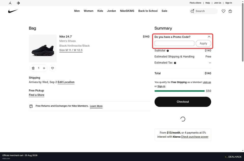 Nike checkout page showing the Enter a Promo Code field and Apply button
