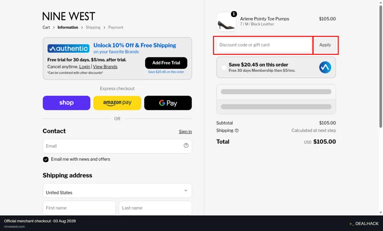 Nine West checkout page showing the Discount code or gift card field and Apply button