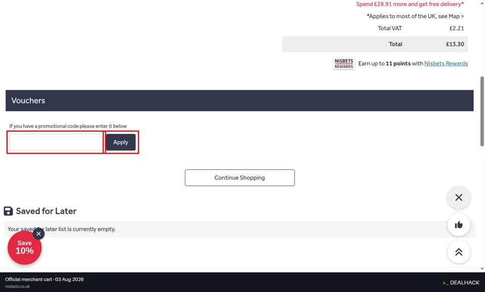 Nisbets checkout page showing the Vouchers field and Apply button