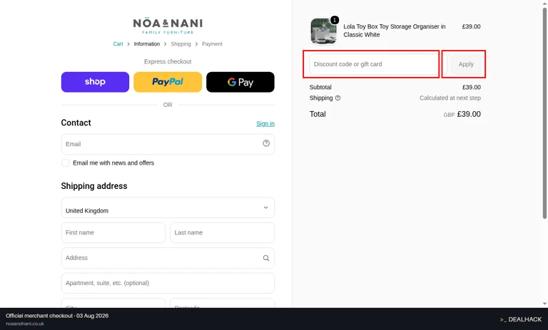 Nöa & Nani checkout page showing the Discount code or gift card field and Apply button
