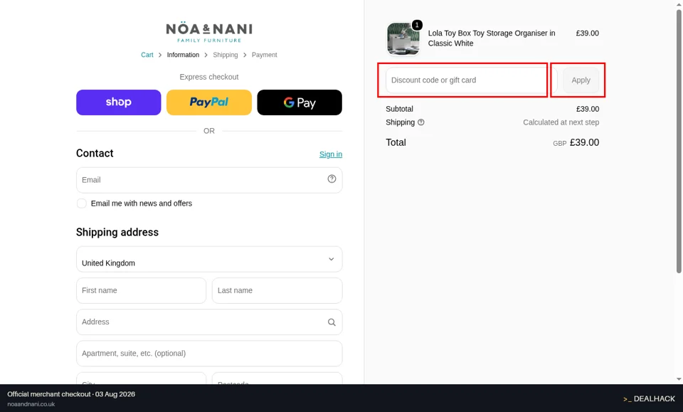Nöa & Nani checkout page showing the Discount code or gift card field and Apply button