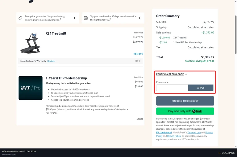 NordicTrack checkout page showing the Promo code field and APPLY button