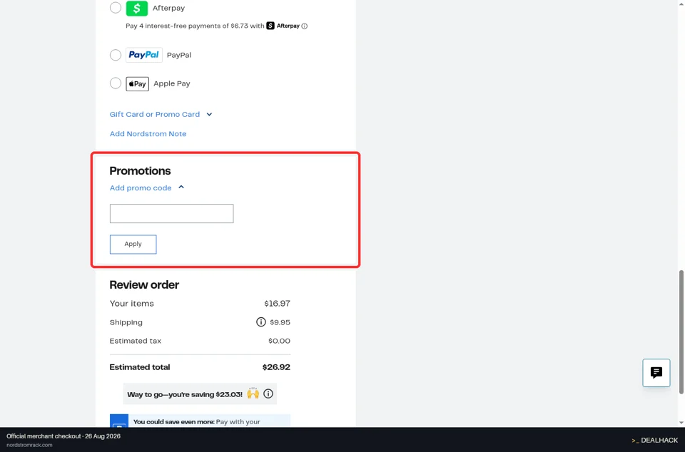 Nordstrom Rack checkout page showing the Add promo code field and Apply button