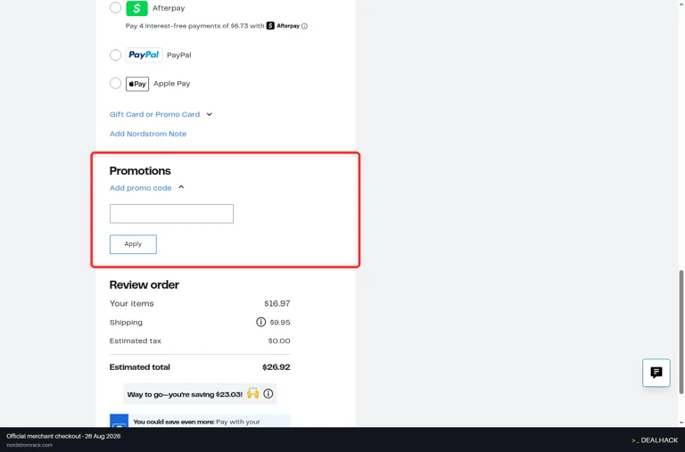 Nordstrom Rack checkout page showing the Add promo code field and Apply button