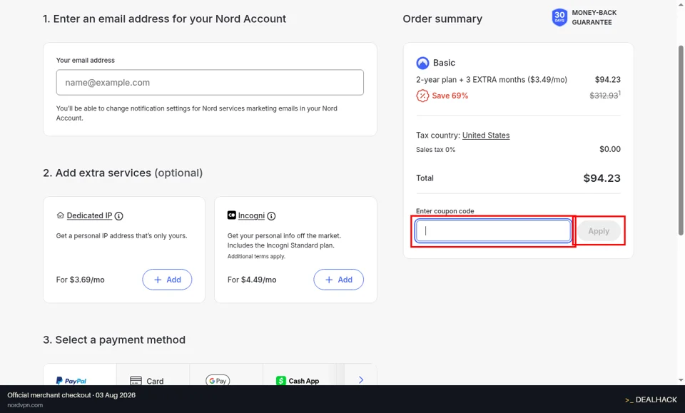 NordVPN checkout page showing the Enter coupon code field and Apply button
