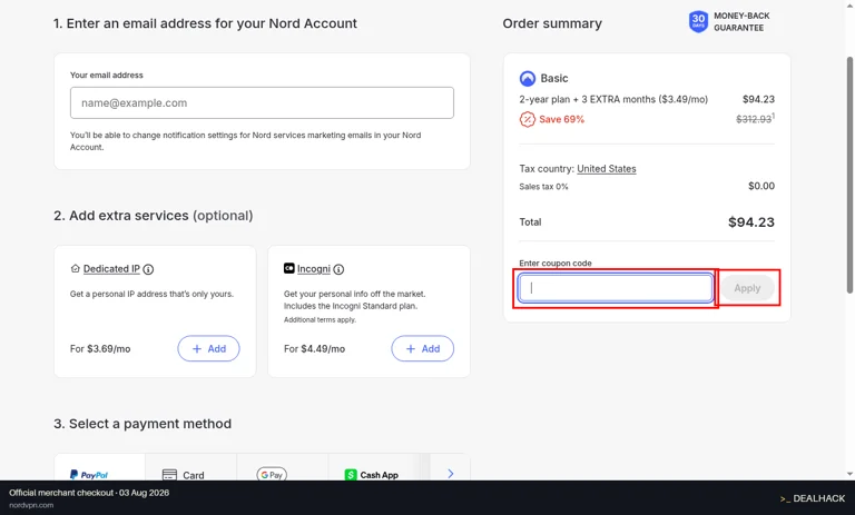 NordVPN checkout page showing the Enter coupon code field and Apply button