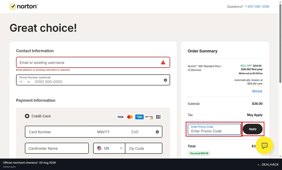 Norton checkout page showing the Enter Promo Code field and Apply button