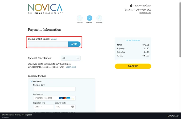 NOVICA checkout page showing the Enter a promotional or gift code to get discount field and Apply button