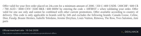 Screenshot of 24S's website on Oct 16, 2026 showing the "10% Off Your First 24S Order of $400+" offer