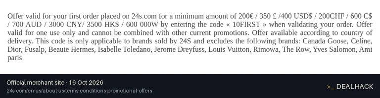 Screenshot of 24S's website on Oct 16, 2026 showing the "10% Off Your First 24S Order of $400+" offer