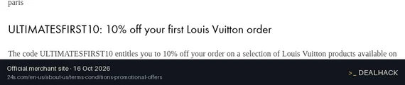 Screenshot of 24S's website on Oct 16, 2026 showing the "10% Off Louis Vuitton Selection of $400+" offer