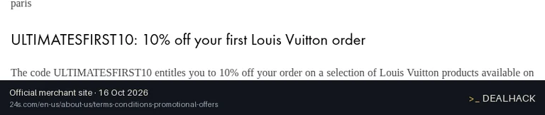 Screenshot of 24S's website on Oct 16, 2026 showing the "10% Off Louis Vuitton Selection of $400+" offer