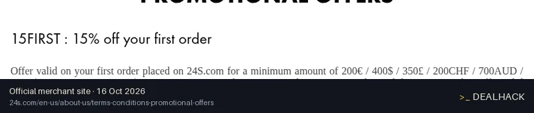 Screenshot of 24S's website on Oct 16, 2026 showing the "15% Off Your First 24S Order of $400+" offer