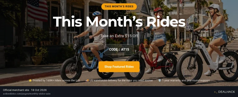 Screenshot of Actbest's website on Oct 18, 2026 showing the "Save $15 on Monthly eBike Sale" offer