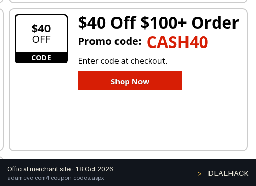 Screenshot of Adam & Eve's website on Oct 18, 2026 showing the "Get $40 Off $100+" offer