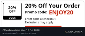 Screenshot of Adam & Eve's website on Oct 16, 2026 showing the "Save 20% Off Your Order" offer