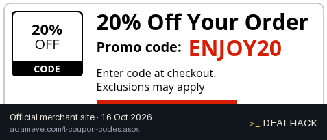 Screenshot of Adam & Eve's website on Oct 16, 2026 showing the "Save 20% Off Your Order" offer