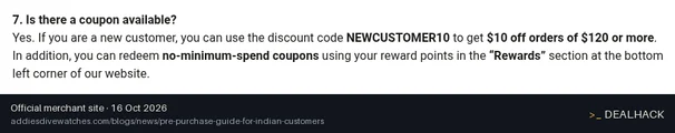 Screenshot of ADDIESDIVE's website on Oct 16, 2026 showing the "New Customer $10 Off $120+" offer