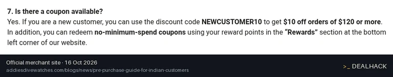 Screenshot of ADDIESDIVE's website on Oct 16, 2026 showing the "New Customer $10 Off $120+" offer