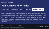 Screenshot of Air Filters Delivered's website on Oct 16, 2026 showing the "Save 15% on Eligible Air Filters" offer