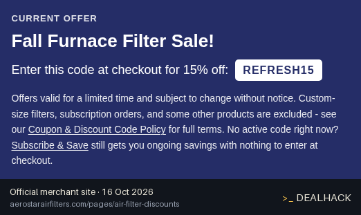 Screenshot of Air Filters Delivered's website on Oct 16, 2026 showing the "Save 15% on Eligible Air Filters" offer