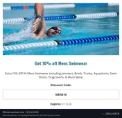 Screenshot of Allens Swimwear's website on Oct 18, 2026 showing the "Save 10% on Mens Swimwear" offer