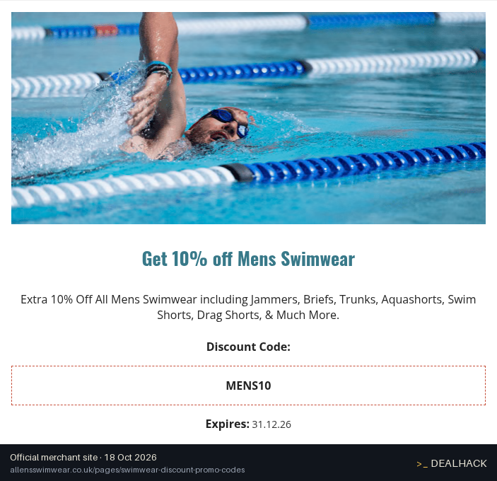 Screenshot of Allens Swimwear's website on Oct 18, 2026 showing the "Save 10% on Mens Swimwear" offer