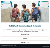 Screenshot of Allens Swimwear's website on Oct 18, 2026 showing the "Get 10% Off Swimming Bags and Backpacks" offer
