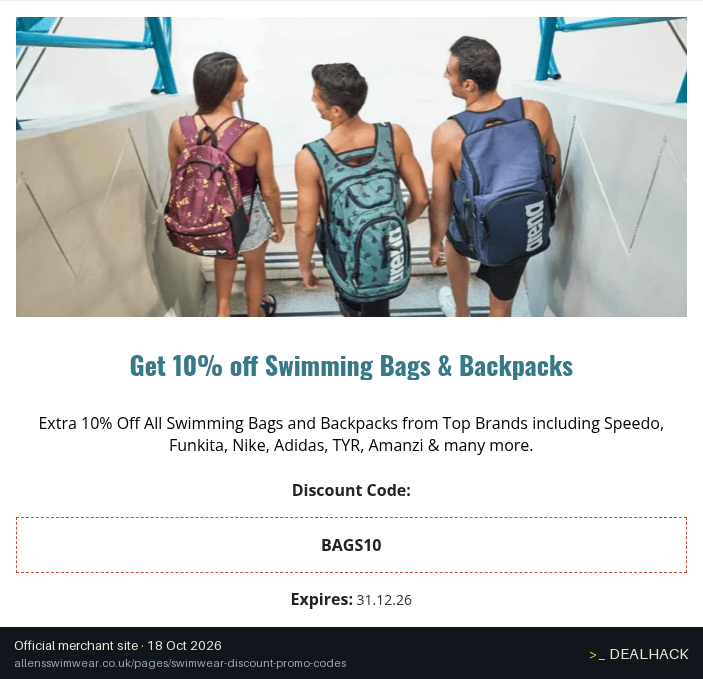 Screenshot of Allens Swimwear's website on Oct 18, 2026 showing the "Get 10% Off Swimming Bags and Backpacks" offer
