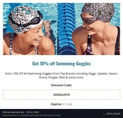 Screenshot of Allens Swimwear's website on Oct 18, 2026 showing the "Save 10% on Swimming Goggles" offer
