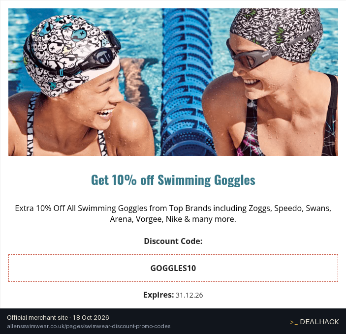 Screenshot of Allens Swimwear's website on Oct 18, 2026 showing the "Save 10% on Swimming Goggles" offer