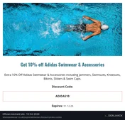 Screenshot of Allens Swimwear's website on Oct 18, 2026 showing the "Save 10% on Adidas Swimwear and Accessories" offer
