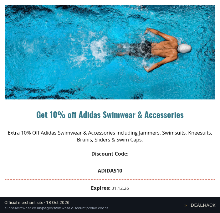 Screenshot of Allens Swimwear's website on Oct 18, 2026 showing the "Save 10% on Adidas Swimwear and Accessories" offer