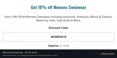 Screenshot of Allens Swimwear's website on Oct 18, 2026 showing the "Save 10% on Womens Swimwear" offer