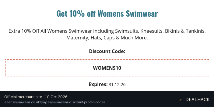 Screenshot of Allens Swimwear's website on Oct 18, 2026 showing the "Save 10% on Womens Swimwear" offer
