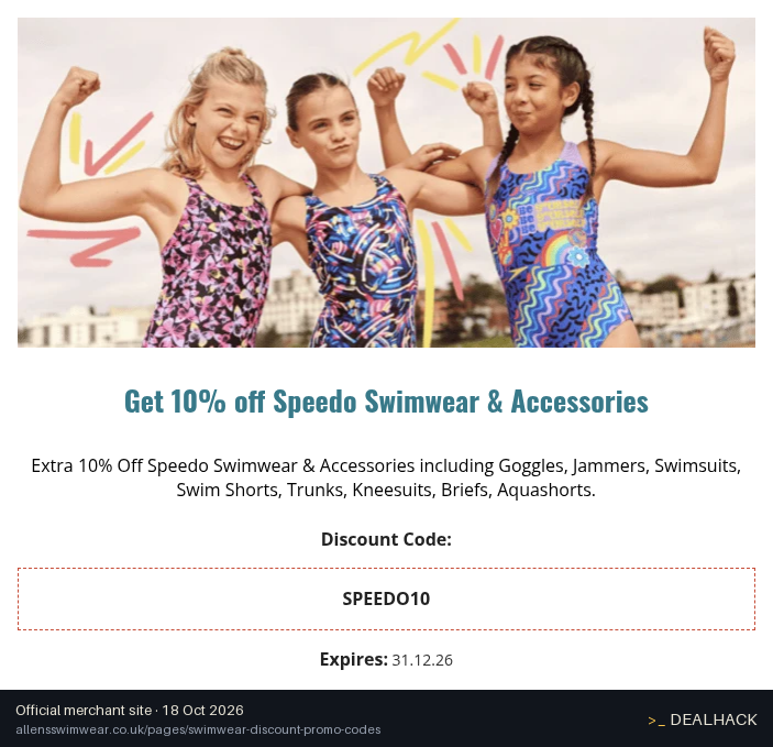 Screenshot of Allens Swimwear's website on Oct 18, 2026 showing the "Get 10% Off Speedo Swimwear and Accessories" offer