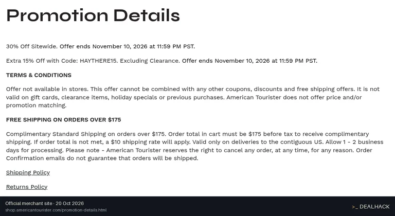 Screenshot of American Tourister's website on Oct 20, 2026 showing the "Extra 15% Off Select Styles" offer