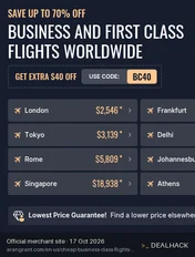Screenshot of AranGrant's website on Oct 17, 2026 showing the "$40 Off Business and First Class Flights Worldwide" offer