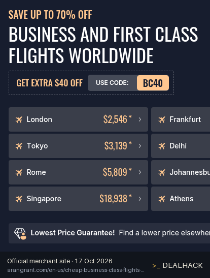 Screenshot of AranGrant's website on Oct 17, 2026 showing the "$40 Off Business and First Class Flights Worldwide" offer