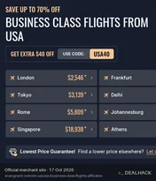 Screenshot of AranGrant's website on Oct 17, 2026 showing the "$40 Off Business Class Flights From the USA" offer