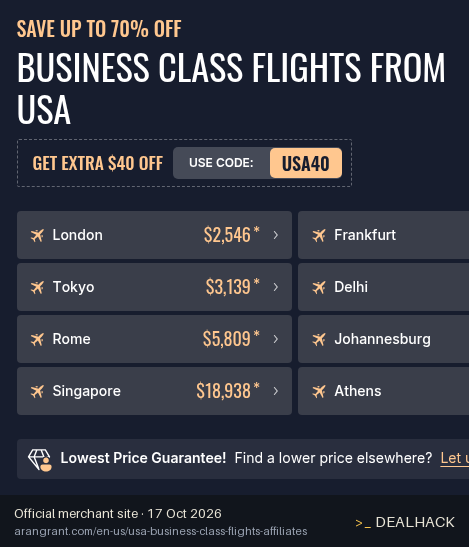 Screenshot of AranGrant's website on Oct 17, 2026 showing the "$40 Off Business Class Flights From the USA" offer